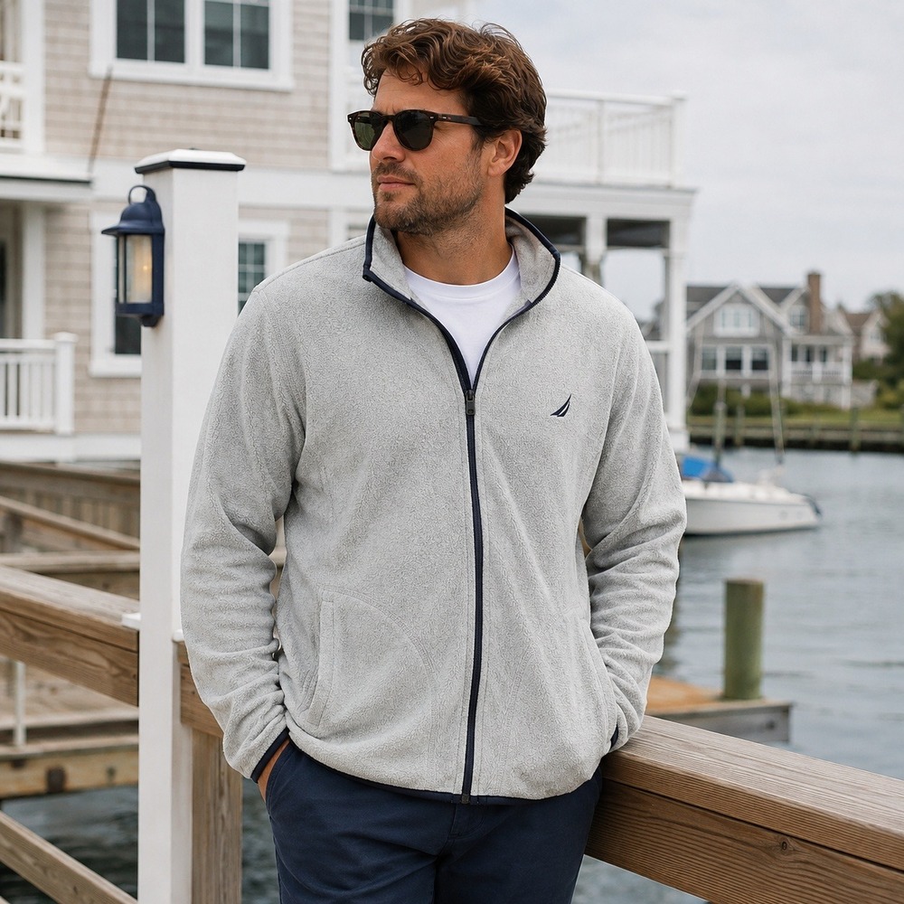 Nautica Fleece Jacket Full Zip Gray Mock Neck Coastal Preppy Casual Men's XL